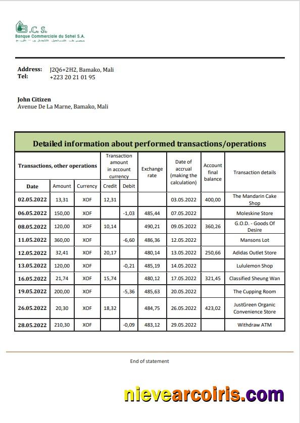 Mali Banque Commerciale du Sahel bank statement in Word and PDF format, .doc and .pdf format
